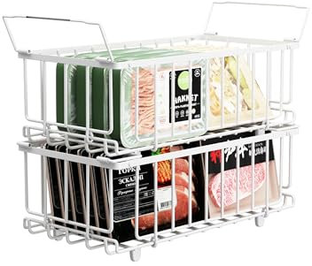 UMDONX 2 Pack Chest Freezer Baskets Organiser Storage Boxes, Kitchen Shelf Rack with Handles, Metal Stackable Drawers Fridge Wire Bins, White