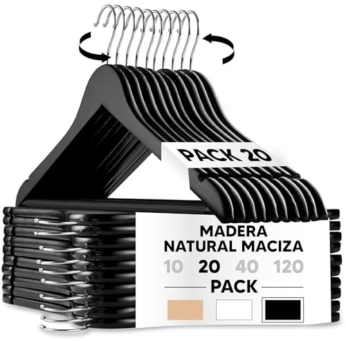 Mundo Home 20X Perchas Madera Negra Maciza para Ropa - Colgadores de Madera con Gancho Giratorio 360º - Perchas Ropa para Pantalones, Camisa, Traje, Vestidos - Colgadores Antideslizantes