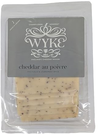 Food-United CHEDDAR-KÄSE mit schwarzem Pfeffer 6 Scheiben 160g von WYKE Farms cheddar cheese leicht scharf englischer Hartkäse ideal zu Burger Sandwiches Wraps Saucen Pizza Pasta