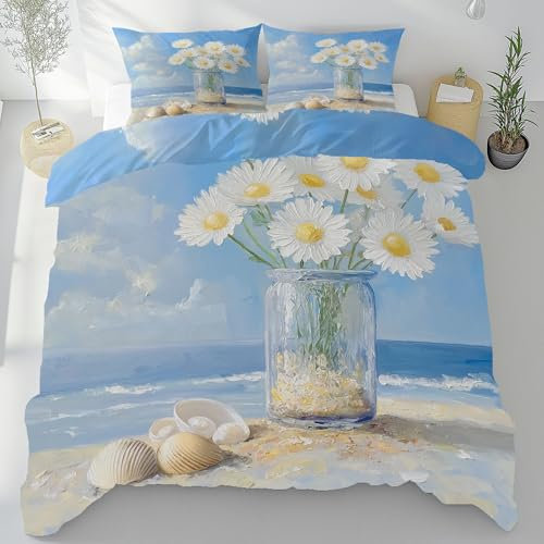 Blumen, Gänseblümchen Bettwäsche 200x220 Muscheln Im Ölgemälde-Stil Bettwäsche Set, Weich Microfaser Kuschelige Bettwäsche, Blaue Wellen Am Strand Wendebettwäsche Bettbezug und Kissenbezug 80x80cm