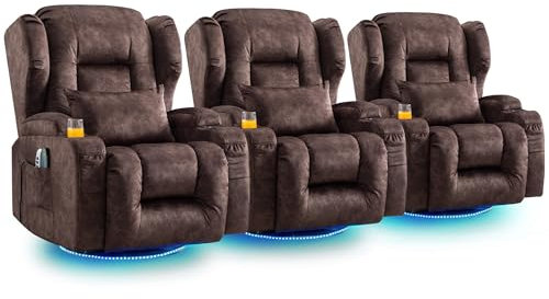 SAMERY Relaxsessel Elektrisch mit Massage & Heizung, Samt Fernsehsessel mit Liegefunktion, 270° Drehbar & 30° Wippbar, USB/LED/Typ-C – Kinosessel TV Sessel Sofa Chair für Wohnzimmer (3, Rotbraun) 7038