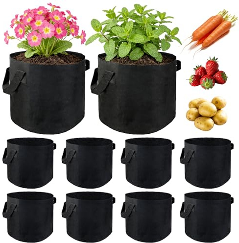 RUHUHUR 10 Pack 5 Gallon Vegetable Grow Bags with Handles,Plant Grow Bags for Indoor & Outdoor Gardening,Breathable Non-woven Durable Fabric Planting Pots for Vegetables,Herbs,and Flowers
