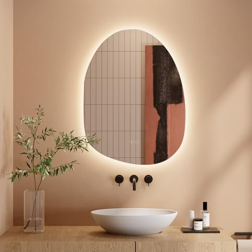 Dripex Badezimmerspiegel Led Badspiegel, Asymmetrisch, Touch-Schalter, Dimmbar, 3 Lichtfarbe Einstellbare Spiegel Bad mit Beleuchtung, Organischer Wandspiegel, Beschlagfrei 53x70 cm