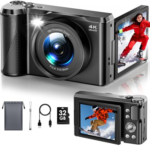 Macchina Fotografica Digitale, Focusinc 4K 56MP Fotocamera con Autofocus, Videocamera Pieghevole 180° da 3 Zoom Digitale 16X, Scheda 32GB Inclusa, Compatta Ricaricabile per Principianti Studenti
