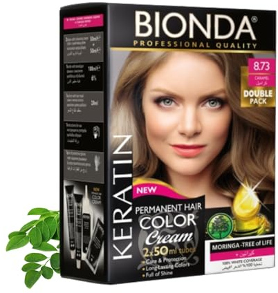 BIONDA Professional 8.73 Caramelo 200 ml Tinte Permanente Pack Doble | Tinte permanente 8.73 Caramelo con queratina y moringa, cobertura total de canas y color intenso de larga duración