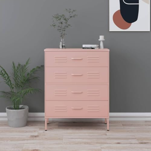 Tonture Cassettiera rosa 80 x 35 x 101,5 cm, in acciaio, moderna credenza con 4 cassetti e piedini di livellamento, mobile robusto per soggiorno, corridoio e ufficio, organizer versatile
