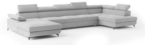 Masseno Ecksofa MONTIVA M R-S mit Schlaffunktion U-Form, Glamour Sofa mit Bettkasten, Wohnzimmersofa, Couch, Soffa, Bettsofa, Couchgarnitur - Hellgrau, Monolith 84