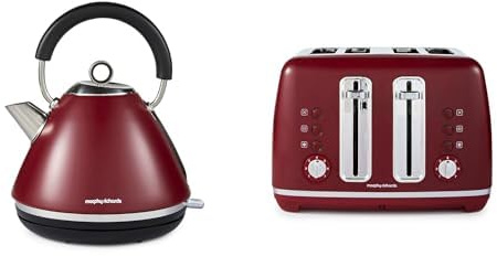 Morphy Richards Accents Kettle & Toaster Bundle, 1.5L, 3KW Rapid Boil Pyramid Kettle & 4 Slice Toaster Set, Easy Operation, User Friendly, Stylish Retro Design, Matching Set, Rhubarb, 102051 | 242051