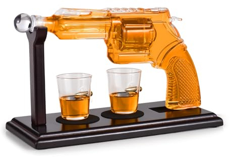 Walmeck Ensembles de Carafes à Décanter pour Hommes, Cadeaux de Whisky Uniques pour Hommes, Carafe en Forme de Pistolet de 250 Ml avec 2 Verres de 50 Ml, Artisanat en Verre de qualité