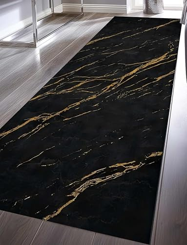 Kuluoits Marmor Flur Läufer, 80x200cm Weicher, Kurzfloriger, Waschbarer Küchenteppich, rutschfeste, Nicht Fusselnde Teppiche Mit Abstraktem Teppichläufer für Wohnzimmer, Eingangsbereich, Schwarz