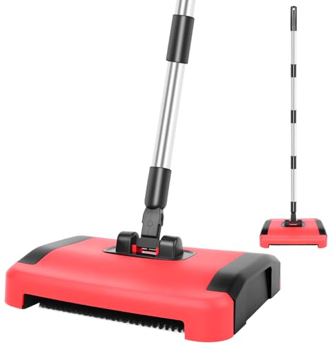 Manual Floor and Carpet Sweeper, Lightweight Speedsweep Floor Cleaner with Low Profile Body to Reach Under Furniture, Manual Carpet Cleaner with 180° Rotating Brush Head，Forward & Backwards Pick-Up, R