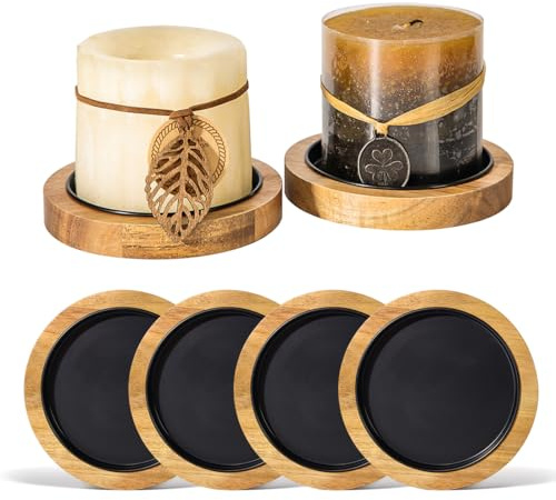 HALE OTEIR 4er-Set Akazienholz Kerzenständer mit Abnehmbarem Tablett – Rustikale Tischdekoration für Hochzeit & Zuhause, Für Stumpenkerzen bis 8,5cm, Holz Untersetzer Kerzenfür kerzenhalter