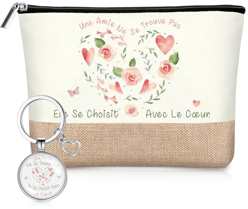 Xuniea 2 Pcs Cadeau Meilleure Amie Cadeau Amie Femme pour Noël | Trousse de Maquillage et Porte Clés, Pochette Voyage avec Message Amitié, pour Anniversaire Remerciement Copine Sœur Collègue