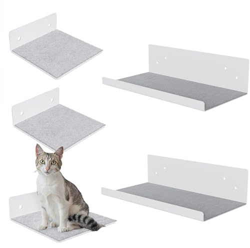 QLS Katzen Kletterwand Set 5-teilig mit Filz Wandmontage Stahl Hellgrau | 2 Liegen 27 x 50 cm und 3 Regale 20 x 20 cm aus pulverbeschichtetem Stahl inklusive Filz und Montagematerial bis 10 kg