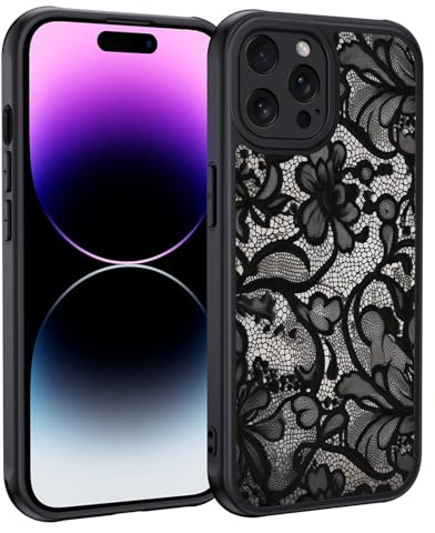 XTCASE für iPhone 14 Pro Hülle, Aesthetic Spitze Vintage Muster Frauen Mädchen Case Matt Handyhülle Kratzfeste PC Rückseite + TPU Bumper - Schwarz