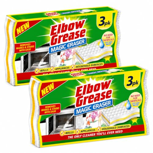 Elbow Grease Magic Eraser Sponges 2 Pack (2 x 3pk) | Melamine Cleaning Sponge | Removes Marks, Scuffs, Grease & Stains | Just Add Water | Multi-Surface Cleaner for Walls, Doors, Appliances & Floors