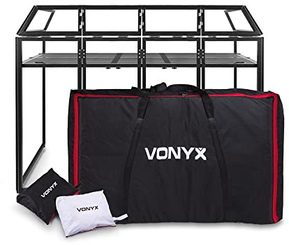 VONYX DB5 Portable DJ Booth – 6-Sided Foldable Aluminium Deck Stand with Metal Shelf, Black & White Lycra Covers & Professional Carry Bag for Mobile DJ Setups & Events