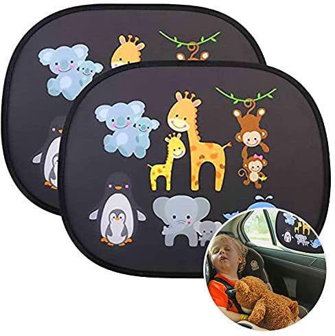 URAQT Tapa Sol Coche, 2pcs Parasol Ventanas Traseras Autoadhesivos 44.8x36CM, Parasol Infantil Lateral para Bloquear UV y Calor, Proteger Sol de Bebés y Mascotas (Jirafa)