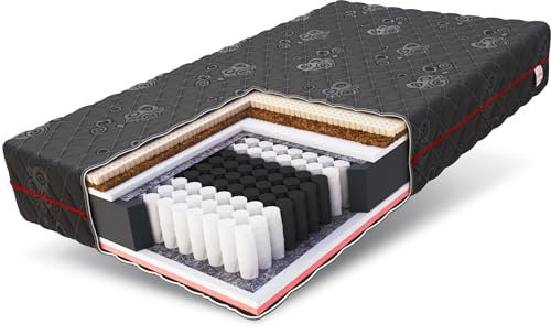 FDM Black Taschenfederkernmatratze 140 x 200 cm Latex Matratze 22 cm Höhe 7-Zonen Härtegrad H4/H3 (Hart/Mittelhart) Thermoplastischer Visco-Schaum Bezug Zweiseitig Abnehmbar Waschbar TFK