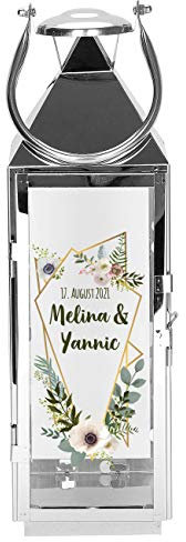 Herz & Heim® Hochzeits-Laterne mit Aufdruck - Motivwahl - personalisiert mit Namen und Datum 40 cm Edelstahl Blumen