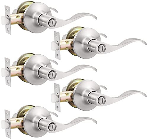 GOBEKOR 5 Pack Brushed Nickel Door Handle Interior Door Levers Privacy for Bedroom Bathroom Door Lock Keyless Wave Lever Door Handles