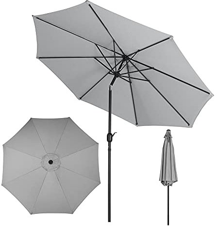 The Fellie 3M Aluminium Garden Parasol, Patio Garden Umbrella with Crank Handle, Outdoor Sun Shade for Beach, Pool, Patio, Light Grey