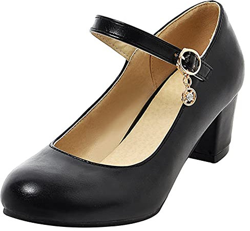 MJIASIAWA Mary Jane Fête Chaussures Femmes Closed Toe Bride Cheville Bloc Escarpins Bride Mode Talons Moyen Robe Chaussures Noir Taille 34 EU