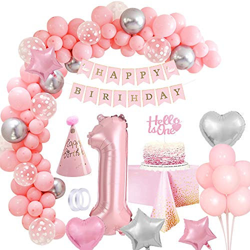 Rosa Geburtstagsdeko Mädchen 1Jahr Geburtstag Mädchen Deko, 40 Luftballon 1 Deko Geburtstag Mädchen Happy Birthday Girlande Dekoration Rosa Folienballon für Mädchen 1.Geburtstag Mehrweg