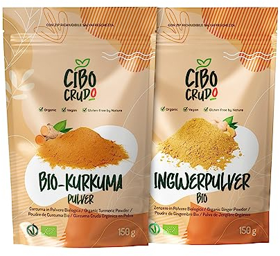 Curcuma y Jengibre en Polvo Ecológica - 2 paquetes de 150g. Cúrcuma Organica por Curcuma Latte. Jengibre para Té Tisana o Especias para la Cocina. Cultivo Organica. Turmeric Powder Organic Ginger.
