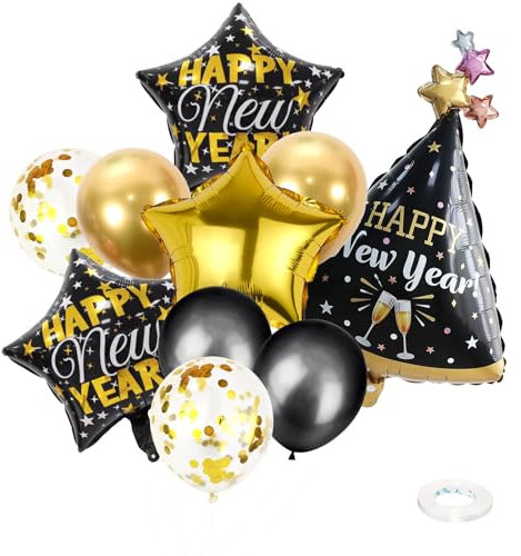 ENLACE Silvester Deko 2026 Luftballons Set,10 Stück Happy New Year Folienballon,Neujahr Silvesterdeko,Schwarz Gold Ballon Happy New Year Party Supplies