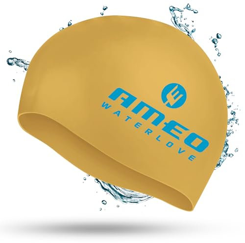 AMEO Premium Silikon-Badekappe WATERLOVE – Swim Cap elastisch & strapazierfähig – Ideal für alle Kopfgrößen – wasserdichte, komfortable Schwimmhaube, Gold/Cyan