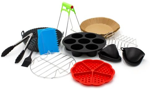 CLOEN Accessoires friteuse à air, Compatible avec Air Fryer, Philips, Ninja, Cosori, Moulinex, Tefal, Cecotec. Comprend 13 Accessoires, Plateau en Silicone, Pinces, 100 pièces de Papier et Bien Plus