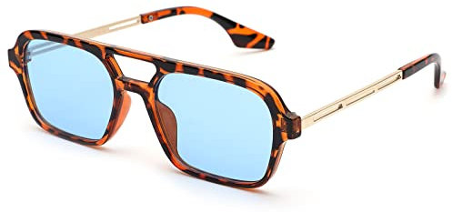 COASION Retro Pilot Sunglasses for Mens Womens Vintage 70s Flat Square Metal Design UV400 Protection Lens(Tortoise Frame/Blue Lens)