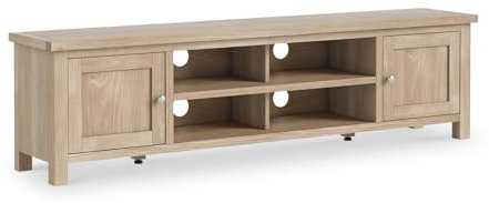 Farrow Oak 180cm Extra Large TV Unit for Living Room | Roseland Furniture Solid Wooden Washed Oak Television Table with Cabinet Storage Suitable for 65 inch TV | Fully Assembled