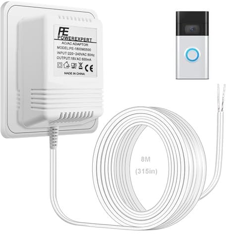 Doorbell Transformer 18V 500mA Video Doorbell Power Adapter, Ring Doorbell Plug in Adapter UK Ring Power Supply with 8M Extension Cable for Ring,Nest,Video Doorbell Equipment, White