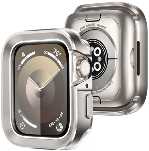 Amizee 2 in 1 Metallo Cover Compatibile con Apple Watch Serie 9 Serie 8 Serie 7 45mm, Copertura Completa Metallo Custodia Anti-Graffio per iWatch Serie 9/8/7 45mm, Originale