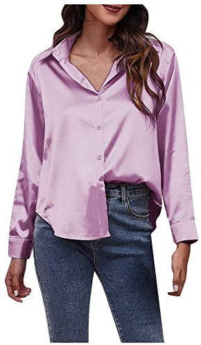 Chemise Longue Femme, Chemisier élégant à Col en V pour Femme Henley Chemisier Ample à Manches Longues Couleur Unie Chemise en Satin Pas Cher,Violet,M,F59S