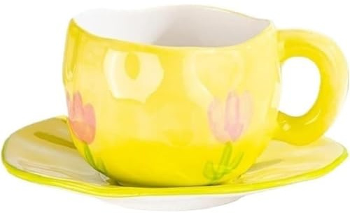 FülleMore Niedliche Kaffeetasse mit Untertasse 250ml Espressotasse Frühstückstasse Süße Teetasse Party Kaffeeservice Geschenk für Mama Oma Mädchen Freundin Kollegin (Gelb-Tulpe)