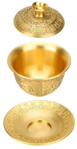 GLOGLOW Juego de té de Latón Antiguo de 300 Ml, Juego de Tazas de té Chino con Patrón de Fortuna en Relieve, Platillo con Tapa para Sala de Estar, Oficina, Servicio de té, café, Amantes