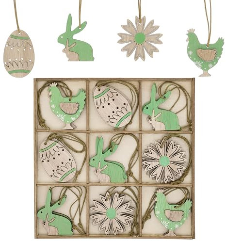 Valery Madelyn 18pcs Easter Decorations,Wooden Hanging Tree Decorations, Nature Green Egg, Hen, Rabbit, Flower Shape Pendants,Home Decor Gift and Wedding,with Wood Box,2 Inch
