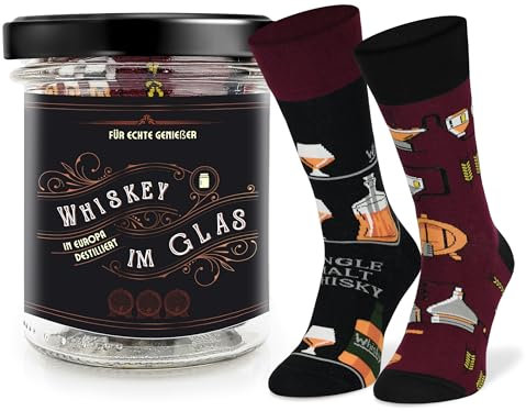 SKIETY - Socken Unisex Damen Herren - Geschenkidee Drole - Hohe Socken aus 70% Baumwolle - Lustige Socken - Geschenke für Frauen Männer - Whisky im Glas - 43-46