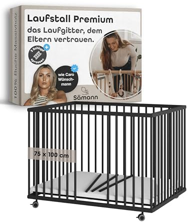 Sämann Laufstall Baby mit 3 Schlupfsprossen | TÜV geprüft | stufenlos höhenverstellbar | Laufgitter Premium | Babybett aus Holz | Krabbelgitter (schwarz, 75x100 cm)