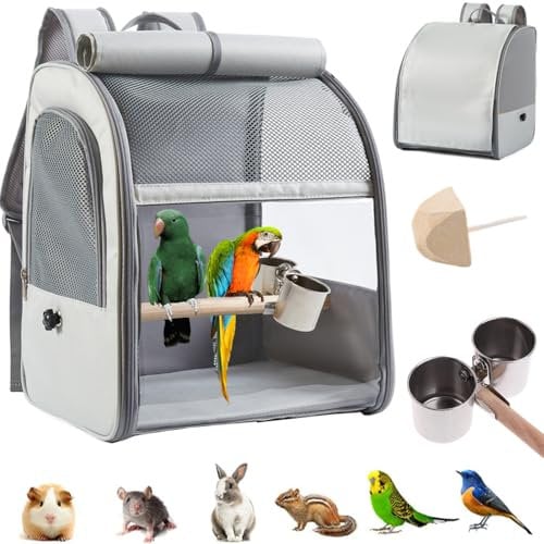 Transportbehälter für Vögel,Rucksack für Vögel mit Holzstab,Vogel transportbox,mit Edelstahl-Clip-Cups,tragbare Vogelträger Reisetasche,1 Backenzahnstein,1 Kunststoffpalette
