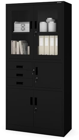 Jan Nowak Aktenschrank C018S Büroschrank Metallschrank Tresor Safe Geheimfach Flügeltüren Schubladen Pulverbeschichtung Stahlblech 185 cm x 90 cm x 40 cm (H x B x T) (Schwarz)