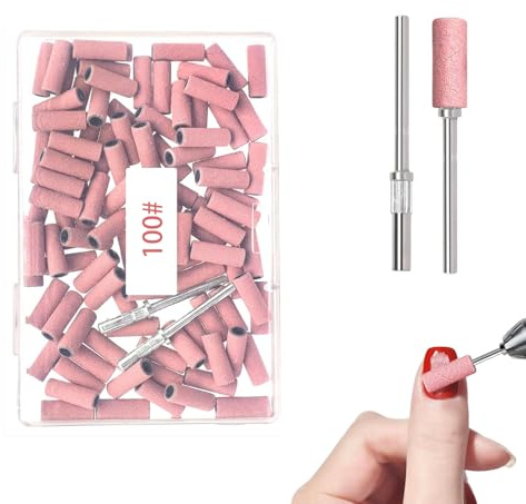 100 Stück Nagelfräser Aufsätze,Schleifkappen Nagelfräser,Fräser Aufsätze,240 Fine Grit,Ultrafeiner Sand Schleifkappen für Gelnägel mit 2 Dornbohrern, für Maniküre Pediküre Nagelpflege
