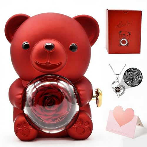 BlyeMichdi Orso Rosa Eterna Confezione Regalo con Orsetto Rosa Fatto a Mano, Collana Ti Amo in 100 Lingue, Regalo per Mamma, Festa della Mamma, Anniversario, Compleanno, Fidanzata