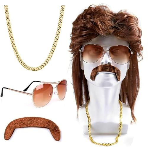 4 Pcs Set 80s Wig - Mens Wigs, Brown Wave Mullet Wigs for Men - George Michael Style - Halloween Carnival Costume & Party Accessory