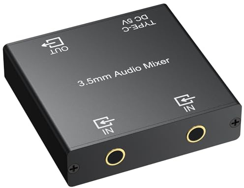 CAMWAY 2-Kanal Stereo Audio Mixer, 2 x 3,5mm-Eingänge & 1 x 3,5mm-Ausgang | Vergoldete Anschlüsse, Verlustfreie Übertragung, Mit 2x 3,5mm Audiokabel & 1x USB-C Kabel & Nano-Tape, Plug & Play für PC MP3