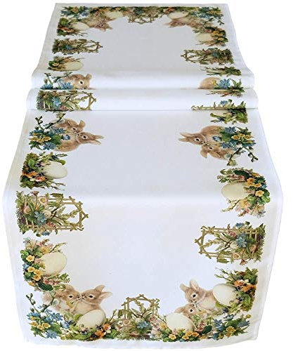 matches21 HOME & HOBBY Tischläufer Ruth 40 x 140 cm nostalgische Osterhasen & Blumen Mitteldecke Bedruckt Polyester