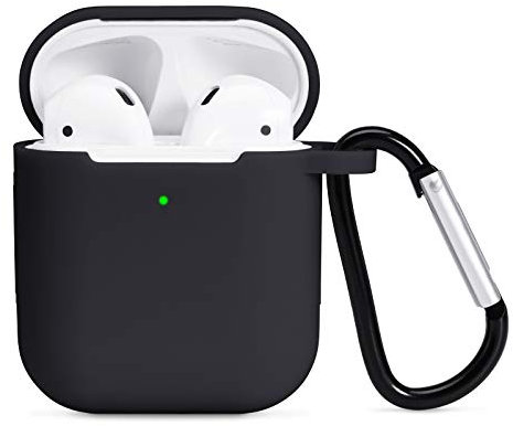 AKABEILA Hülle Case Kompatibel mit Apple AirPods 2 & 1 Silikon Schutzhülle Front LED Sichtbar Kabelloses Laden Flüssiges Silikon Gehäuseabdeckung Air Pods Schutz Hüllen Karabiner, Schwarz